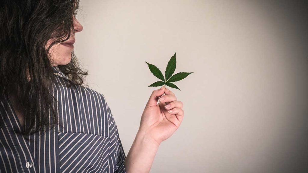 woman holding cannabis leaf women in cannabis